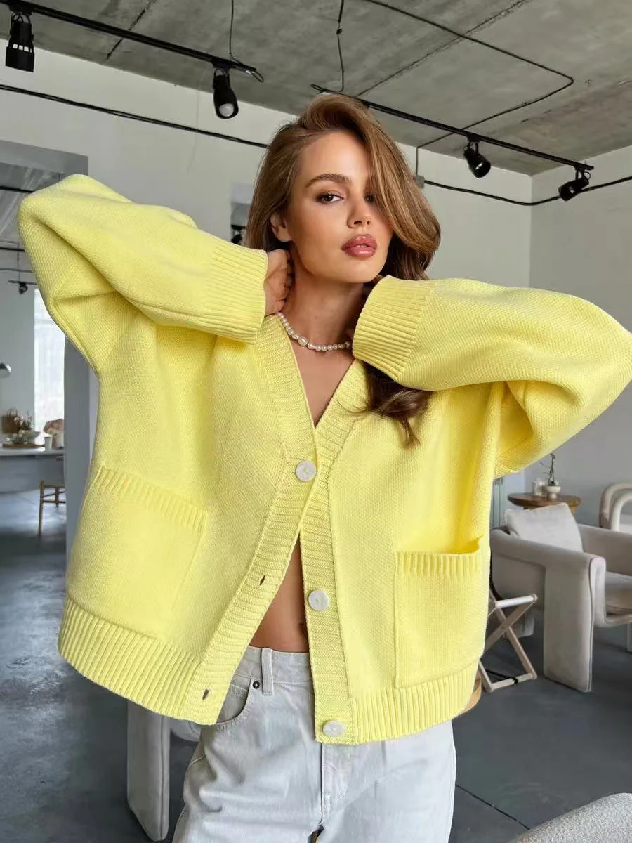 Refined V-Neck | Loose Knitted Cardigan Jacket Acrylic Blend - Image 6