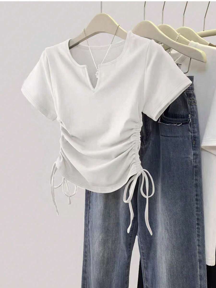 Women's Solid Color Pleated Casual Versatile Daily Wear Short Sleeve T-Shirt - Image 11
