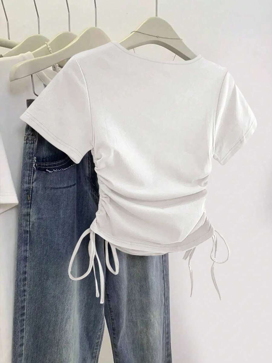 Women's Solid Color Pleated Casual Versatile Daily Wear Short Sleeve T-Shirt - Image 12