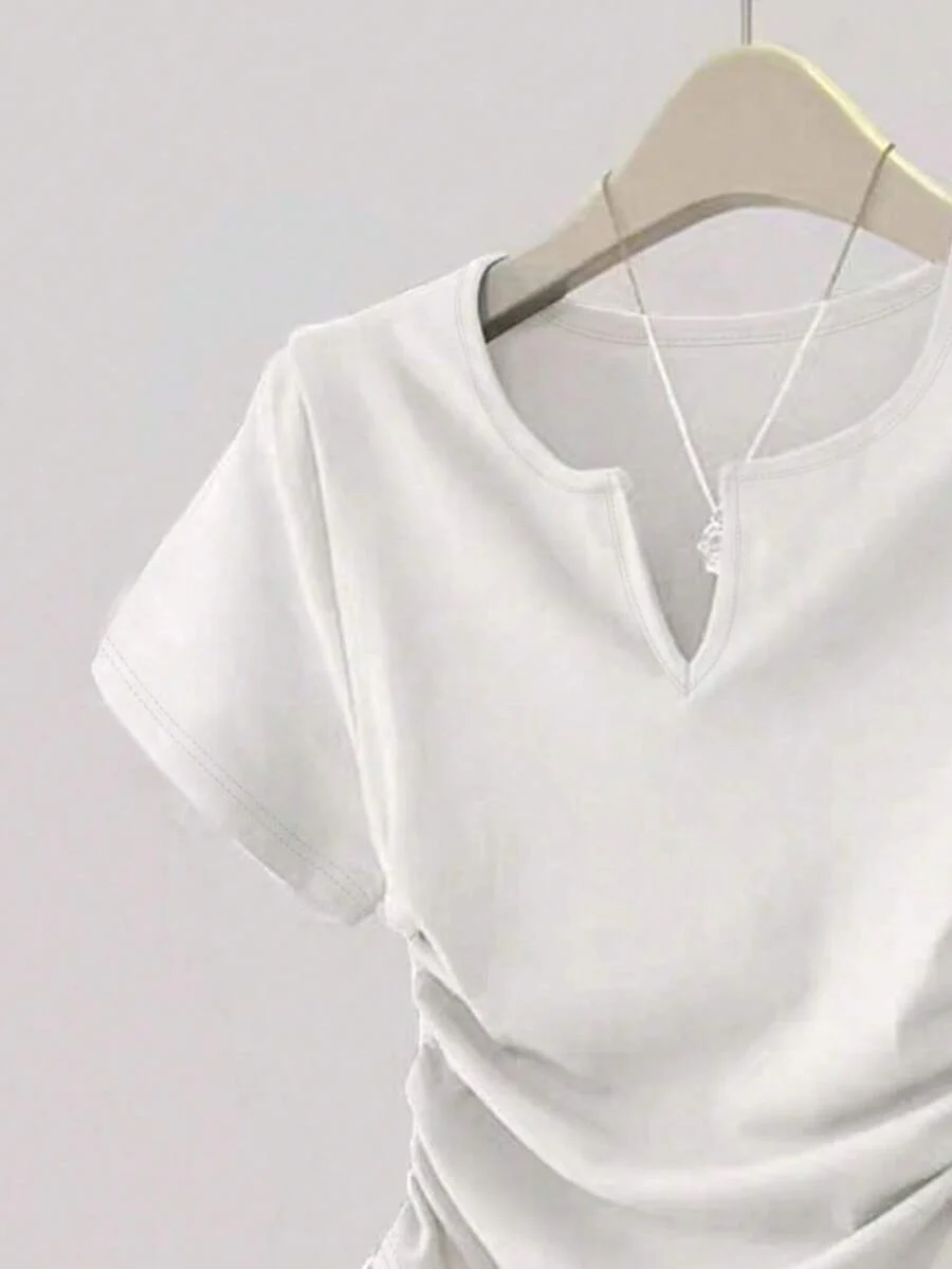 Women's Solid Color Pleated Casual Versatile Daily Wear Short Sleeve T-Shirt - Image 13