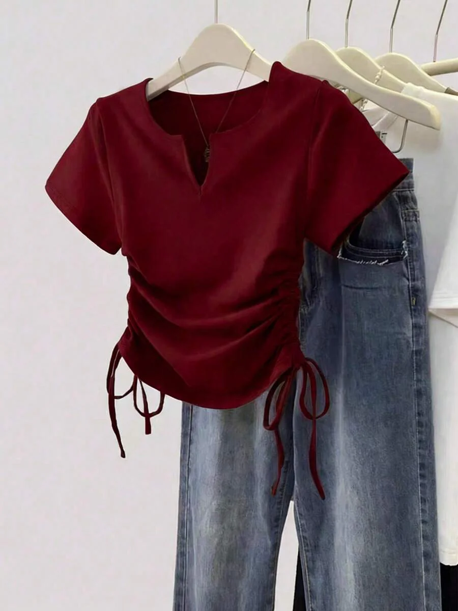 Women's Solid Color Pleated Casual Versatile Daily Wear Short Sleeve T-Shirt - Image 14