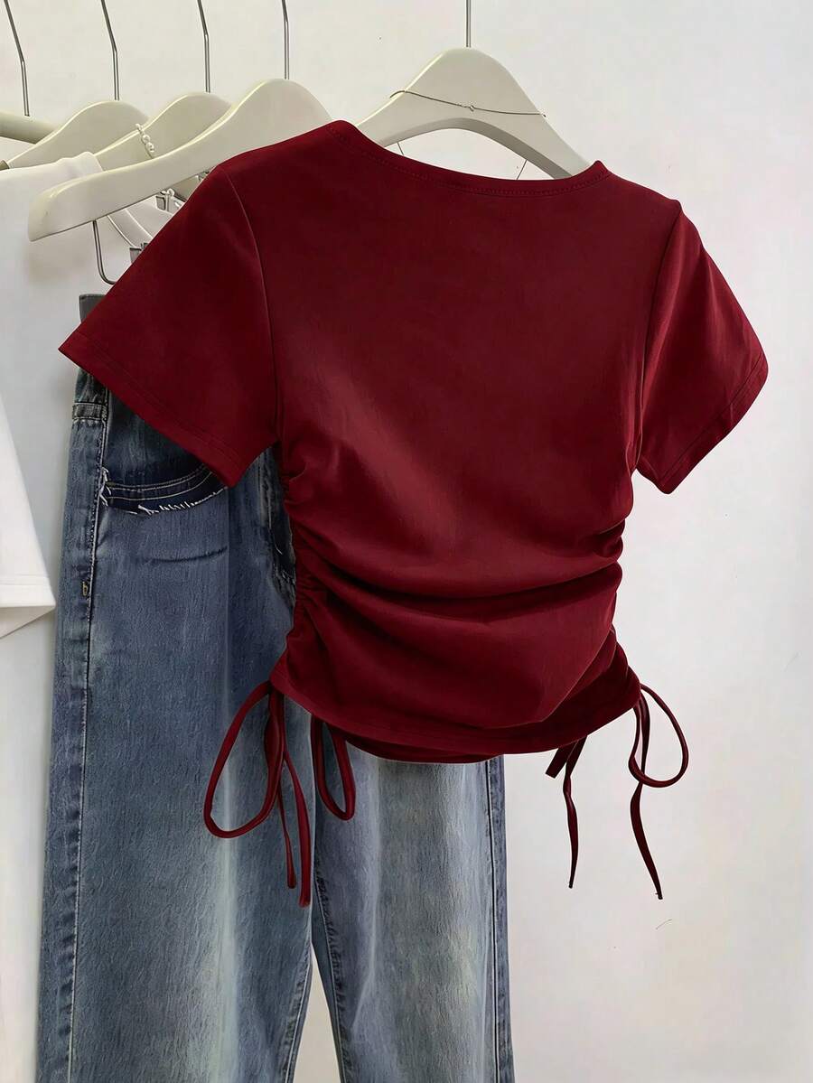 Women's Solid Color Pleated Casual Versatile Daily Wear Short Sleeve T-Shirt - Image 15