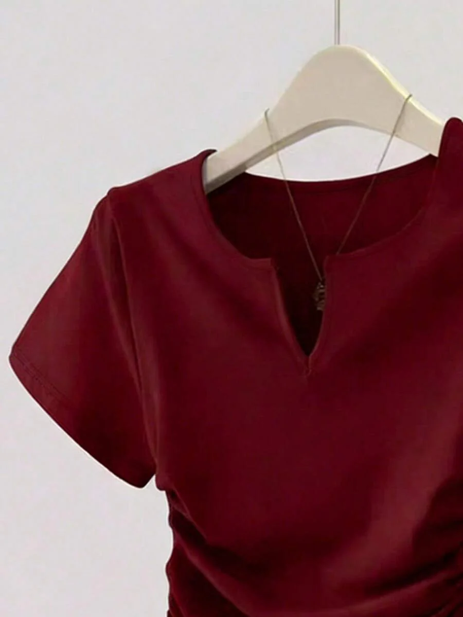 Women's Solid Color Pleated Casual Versatile Daily Wear Short Sleeve T-Shirt - Image 16
