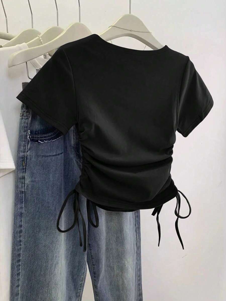 Women's Solid Color Pleated Casual Versatile Daily Wear Short Sleeve T-Shirt - Image 19