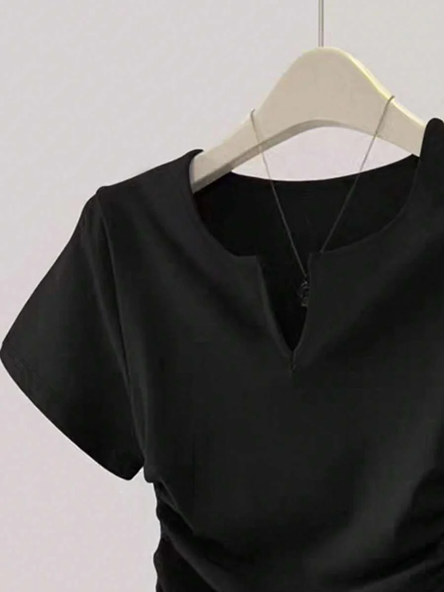 Women's Solid Color Pleated Casual Versatile Daily Wear Short Sleeve T-Shirt - Image 20