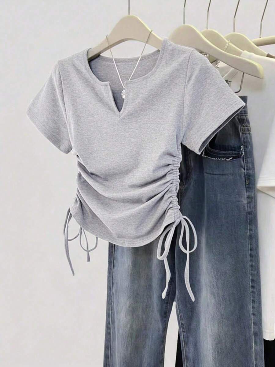 Women's Solid Color Pleated Casual Versatile Daily Wear Short Sleeve T-Shirt - Image 22