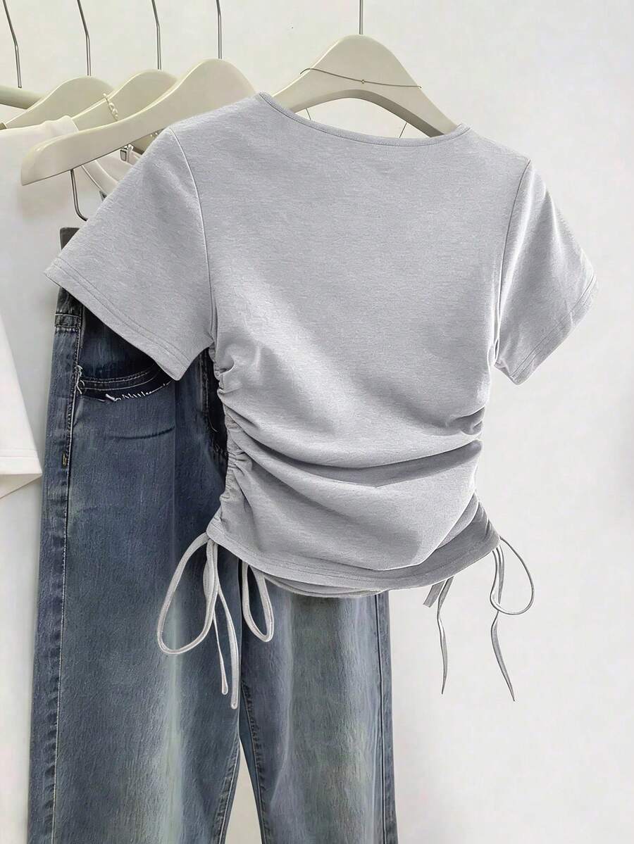 Women's Solid Color Pleated Casual Versatile Daily Wear Short Sleeve T-Shirt - Image 23