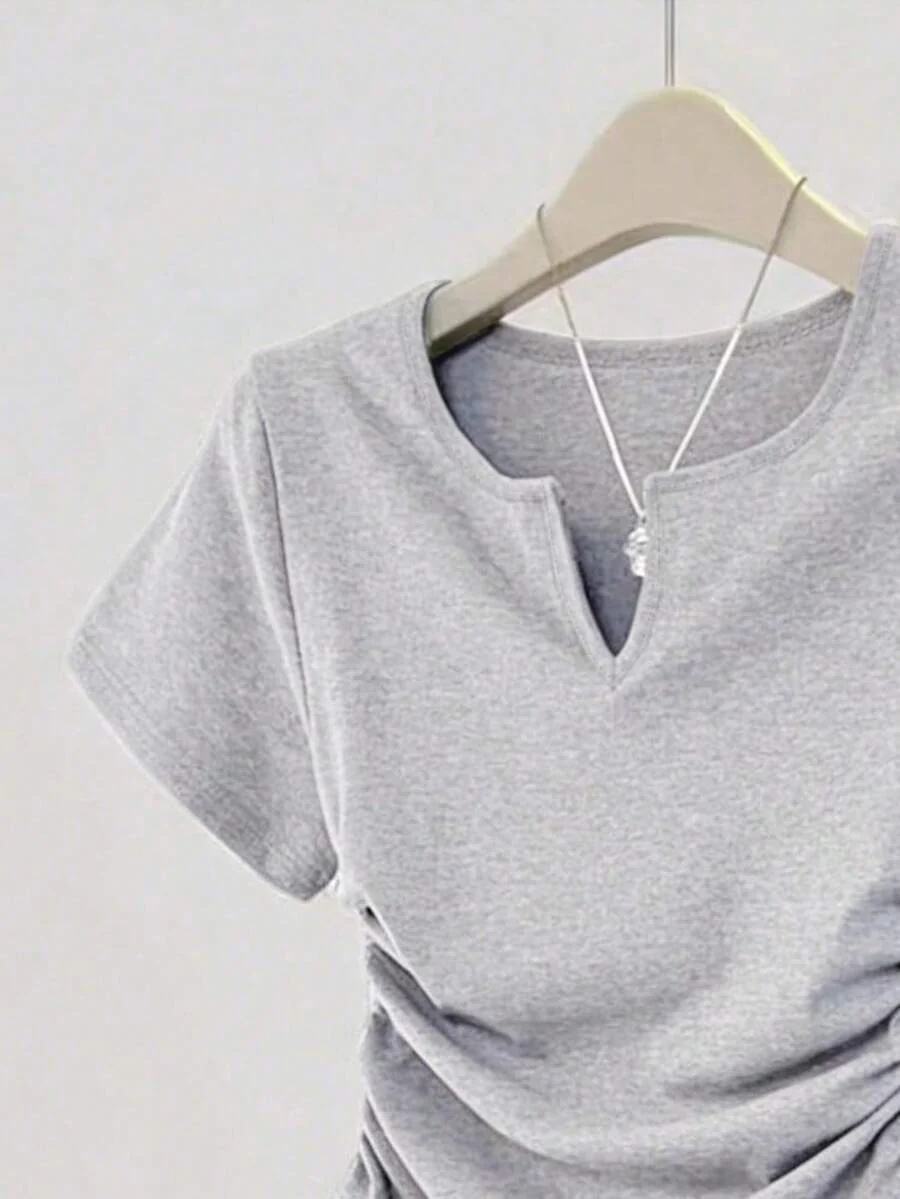 Women's Solid Color Pleated Casual Versatile Daily Wear Short Sleeve T-Shirt - Image 24