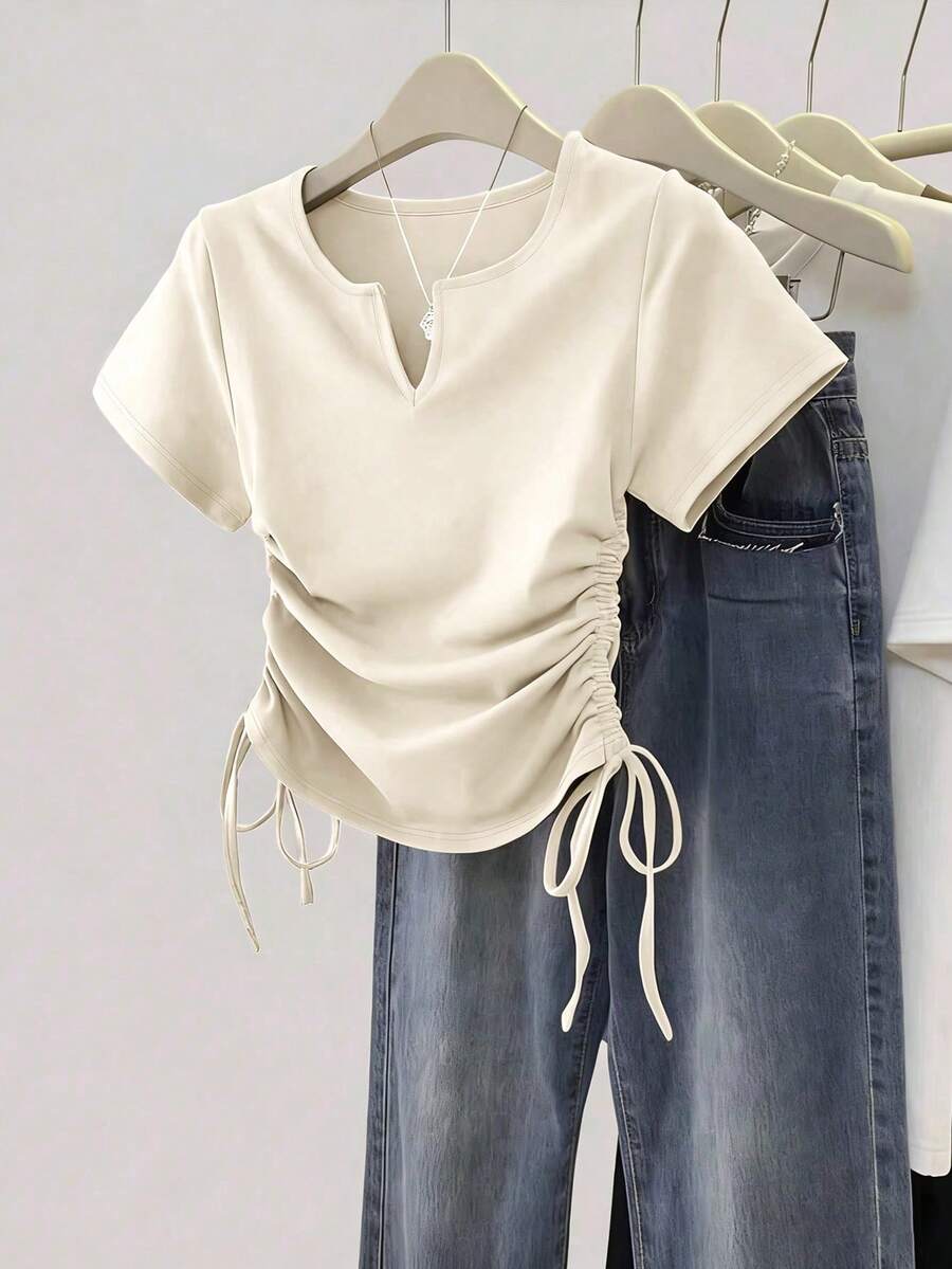Women's Solid Color Pleated Casual Versatile Daily Wear Short Sleeve T-Shirt - Image 26