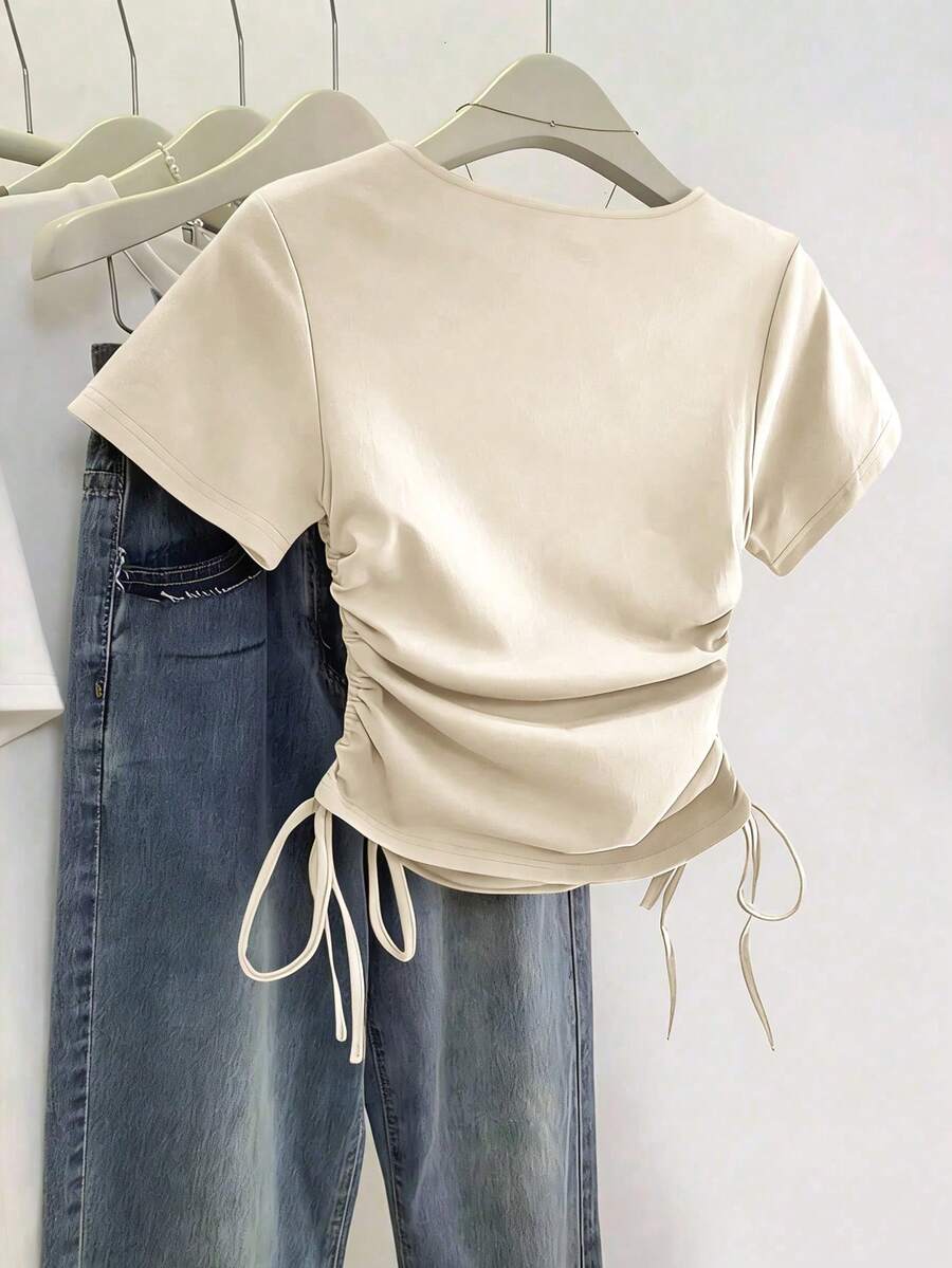 Women's Solid Color Pleated Casual Versatile Daily Wear Short Sleeve T-Shirt - Image 27