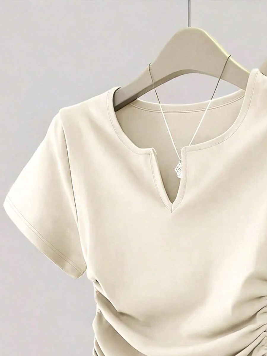 Women's Solid Color Pleated Casual Versatile Daily Wear Short Sleeve T-Shirt - Image 29