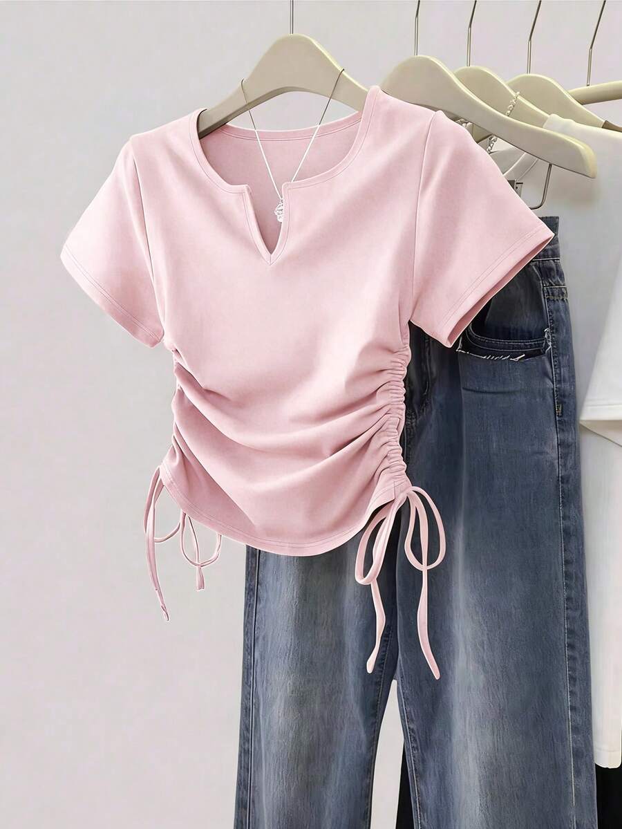 Women's Solid Color Pleated Casual Versatile Daily Wear Short Sleeve T-Shirt - Image 30