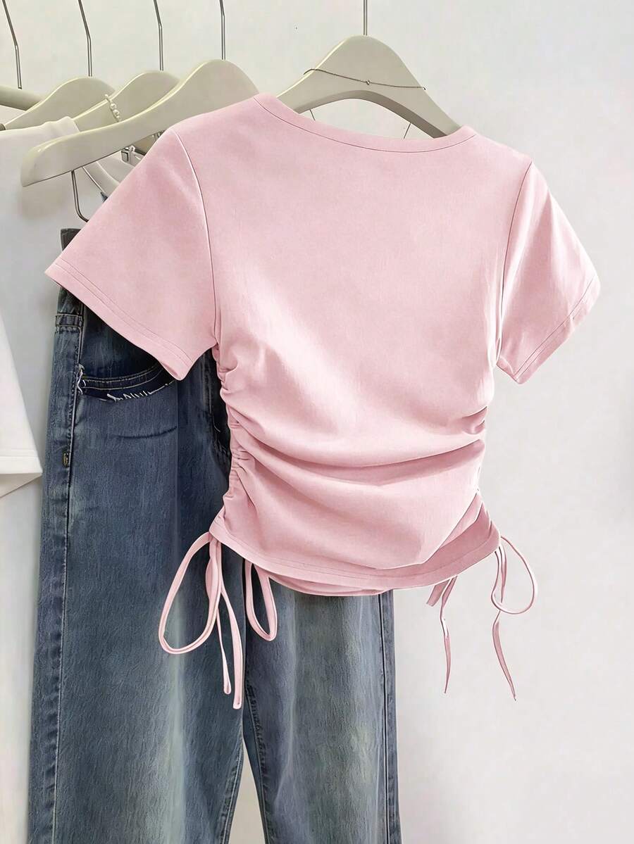 Women's Solid Color Pleated Casual Versatile Daily Wear Short Sleeve T-Shirt - Image 31