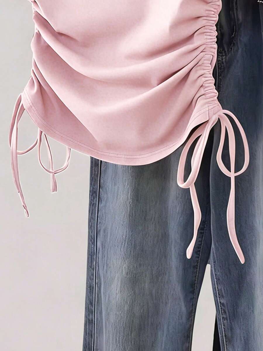 Women's Solid Color Pleated Casual Versatile Daily Wear Short Sleeve T-Shirt - Image 32