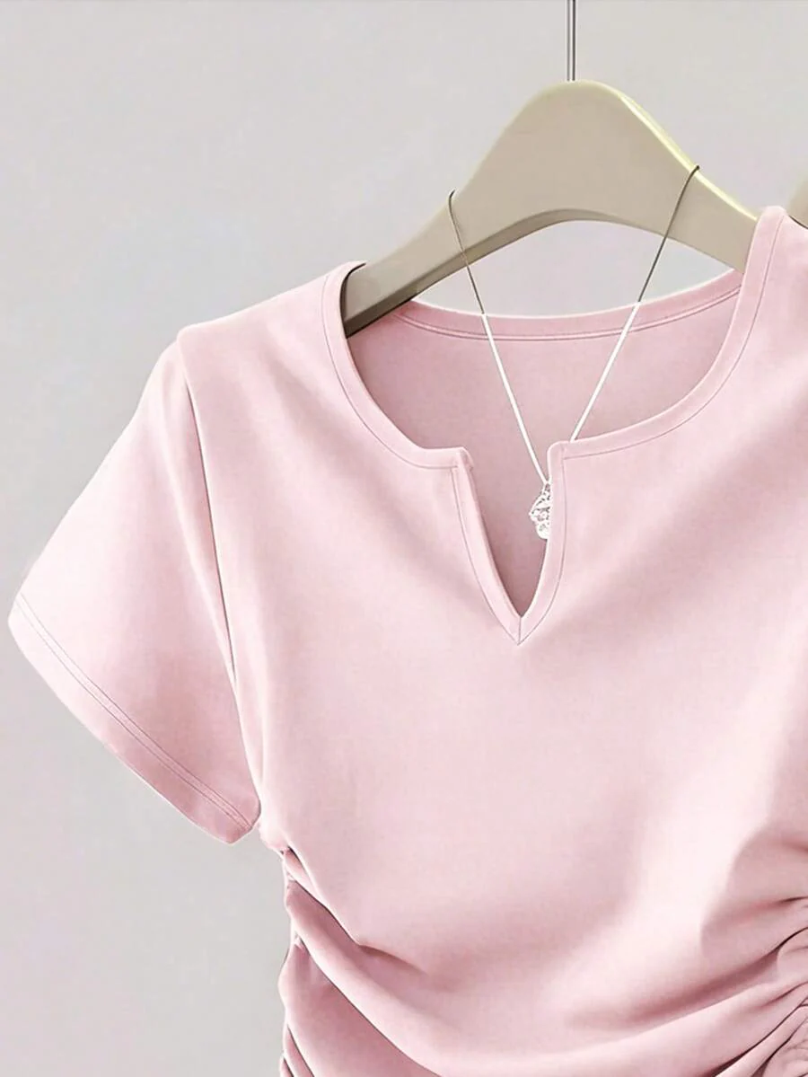 Women's Solid Color Pleated Casual Versatile Daily Wear Short Sleeve T-Shirt - Image 33