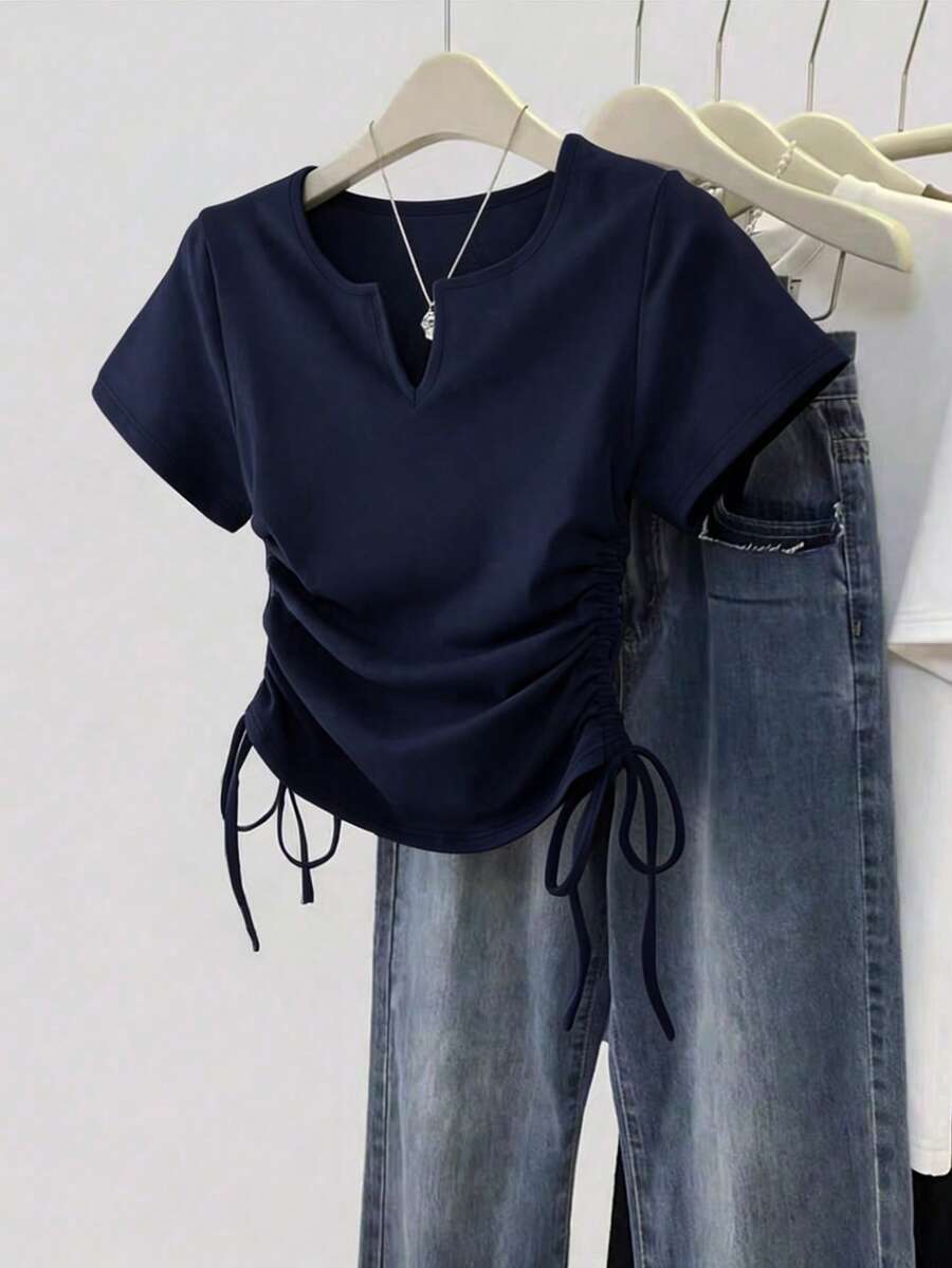 Women's Solid Color Pleated Casual Versatile Daily Wear Short Sleeve T-Shirt - Image 35