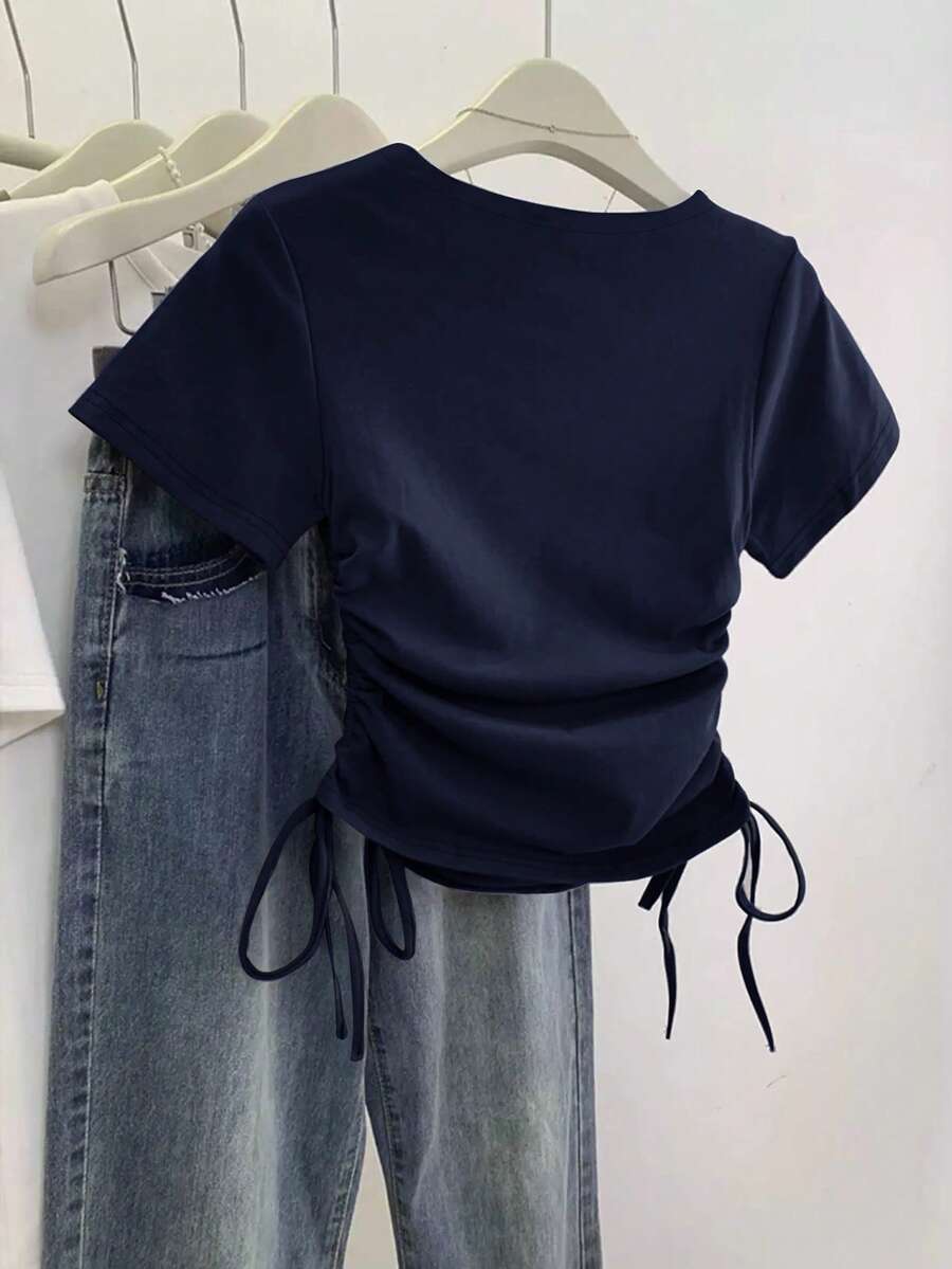 Women's Solid Color Pleated Casual Versatile Daily Wear Short Sleeve T-Shirt - Image 36
