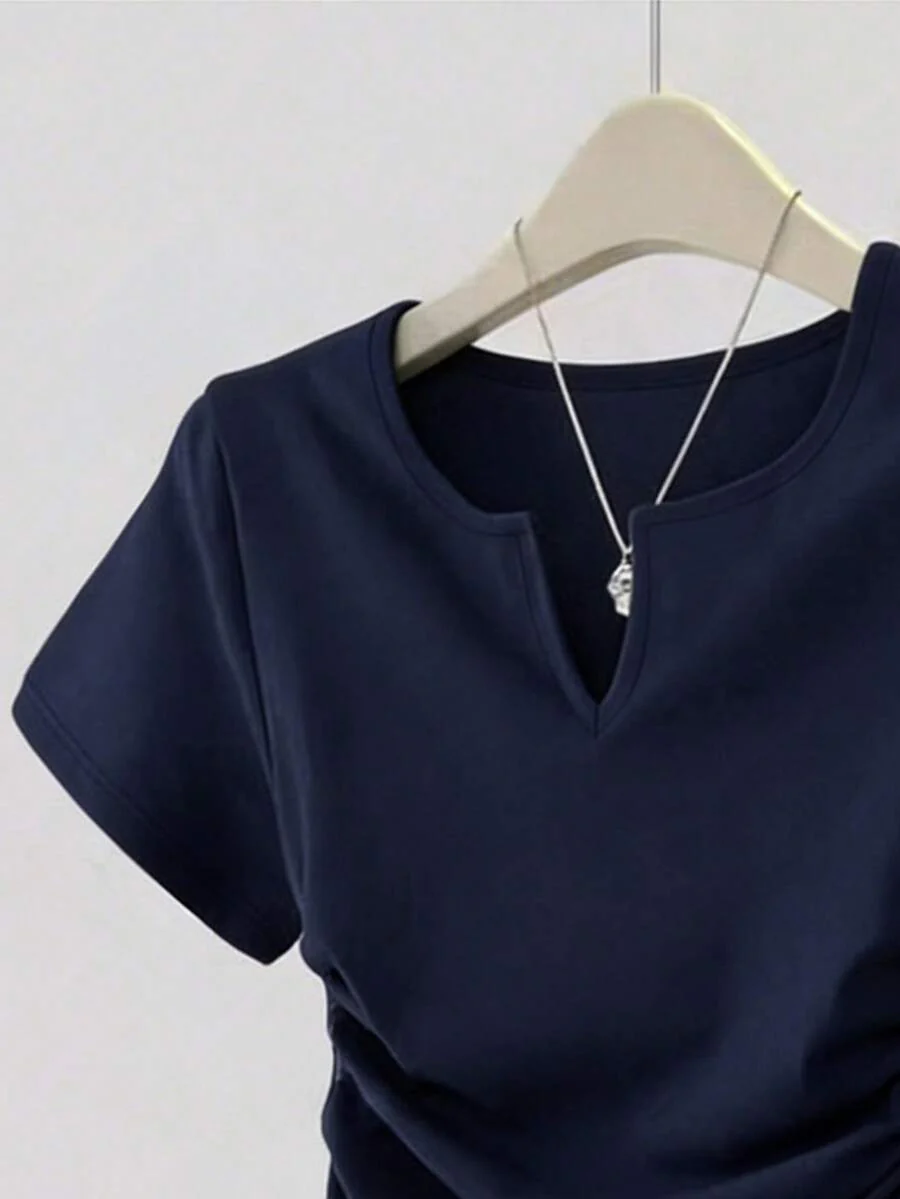 Women's Solid Color Pleated Casual Versatile Daily Wear Short Sleeve T-Shirt - Image 38