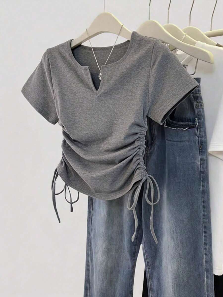 Women's Solid Color Pleated Casual Versatile Daily Wear Short Sleeve T-Shirt - Image 39