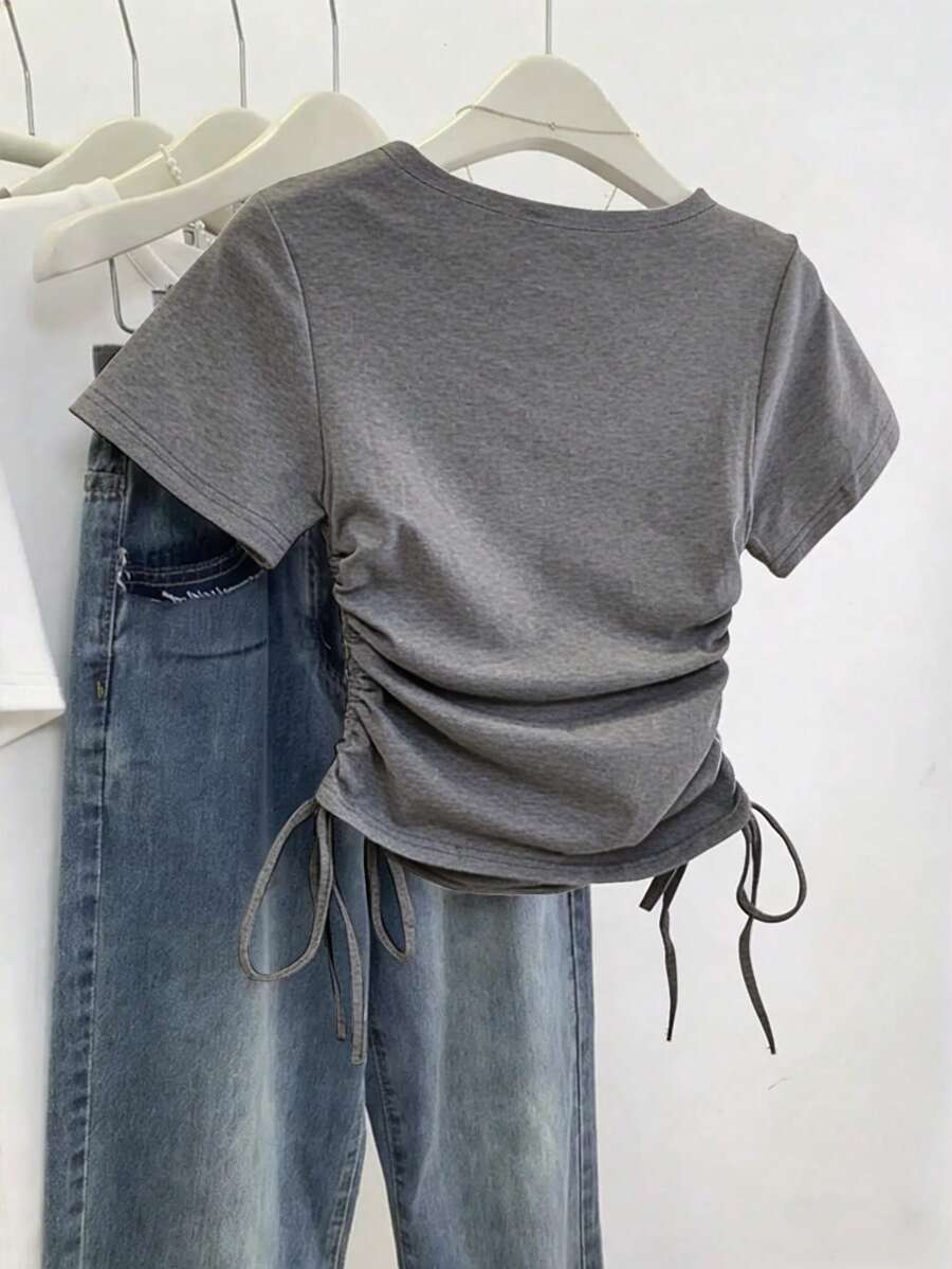 Women's Solid Color Pleated Casual Versatile Daily Wear Short Sleeve T-Shirt - Image 40