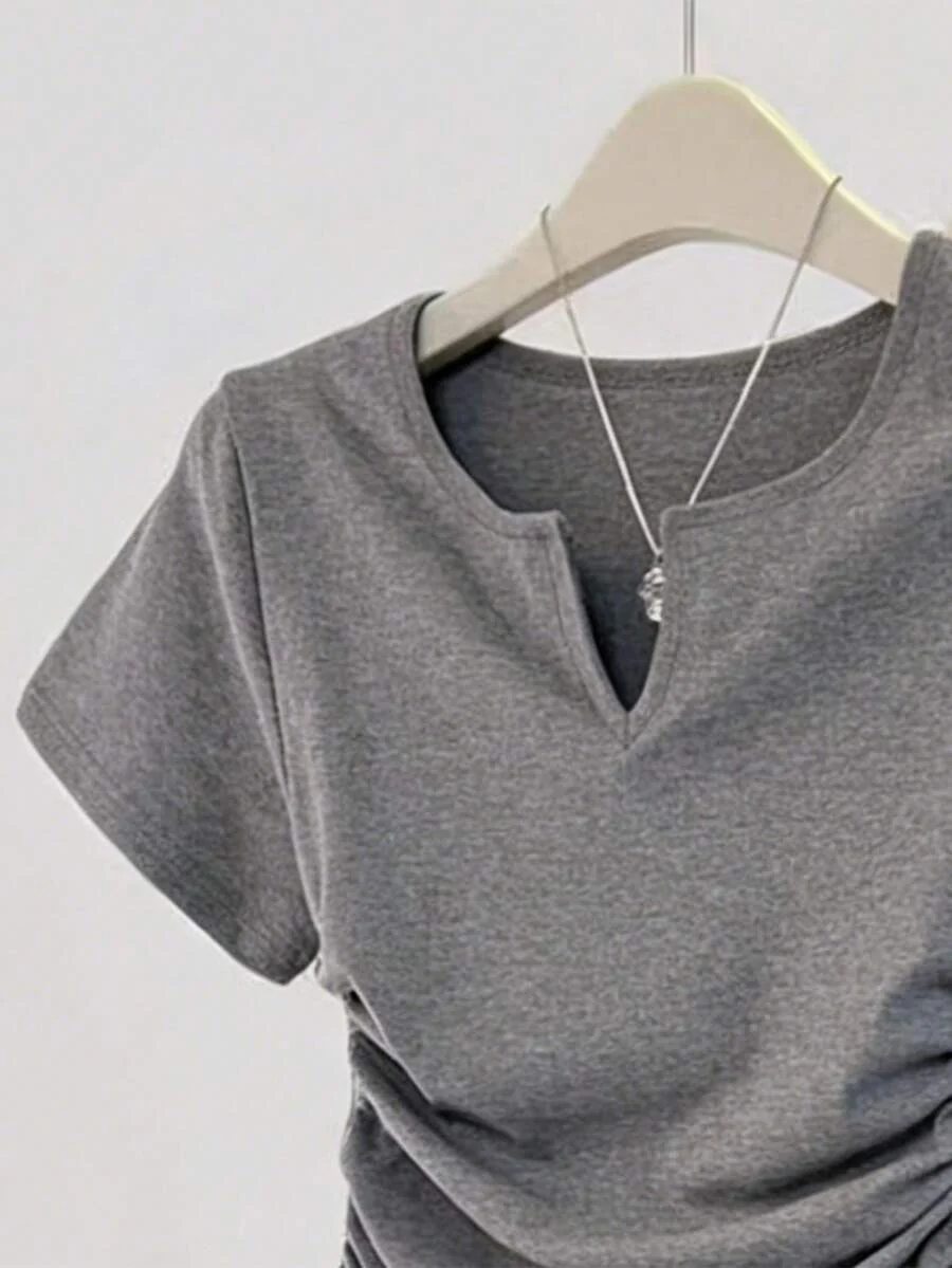 Women's Solid Color Pleated Casual Versatile Daily Wear Short Sleeve T-Shirt - Image 41