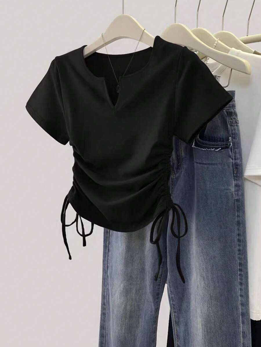 Women's Solid Color Pleated Casual Versatile Daily Wear Short Sleeve T-Shirt - Image 7