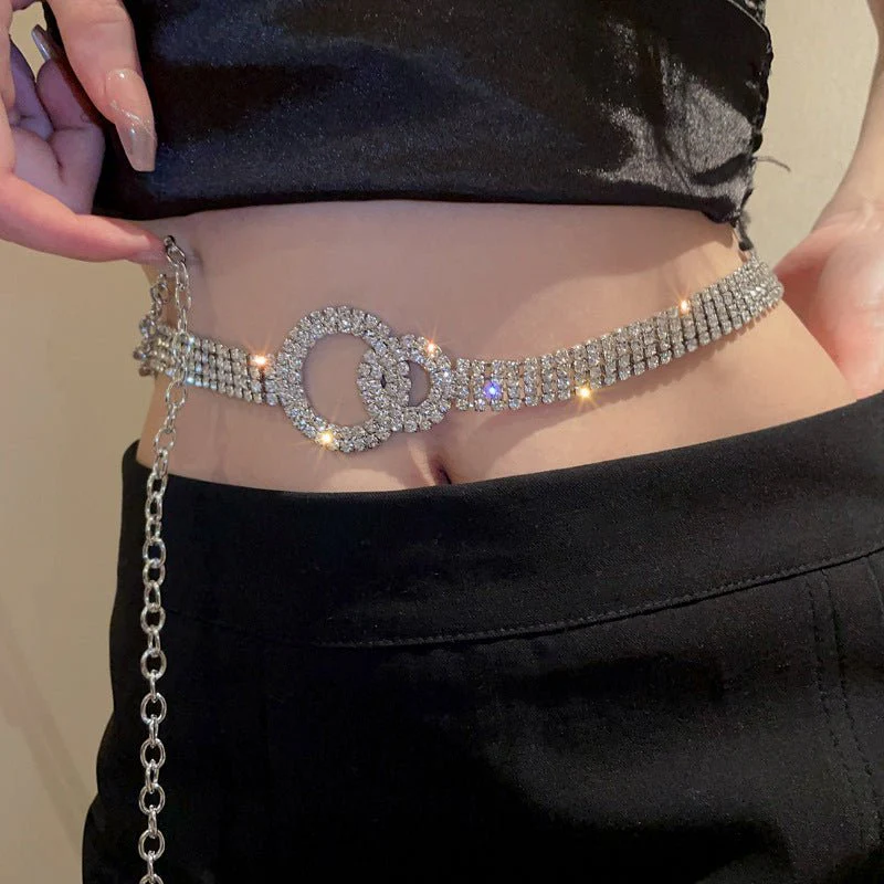 Retro fashion rhinestone waist chain double ring diamond chain belt