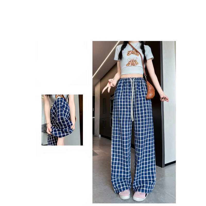 Retro plaid pants children's new spring, autumn and summer new high-waisted drape walking straight pants lazy mopping wide-leg pants - Image 2