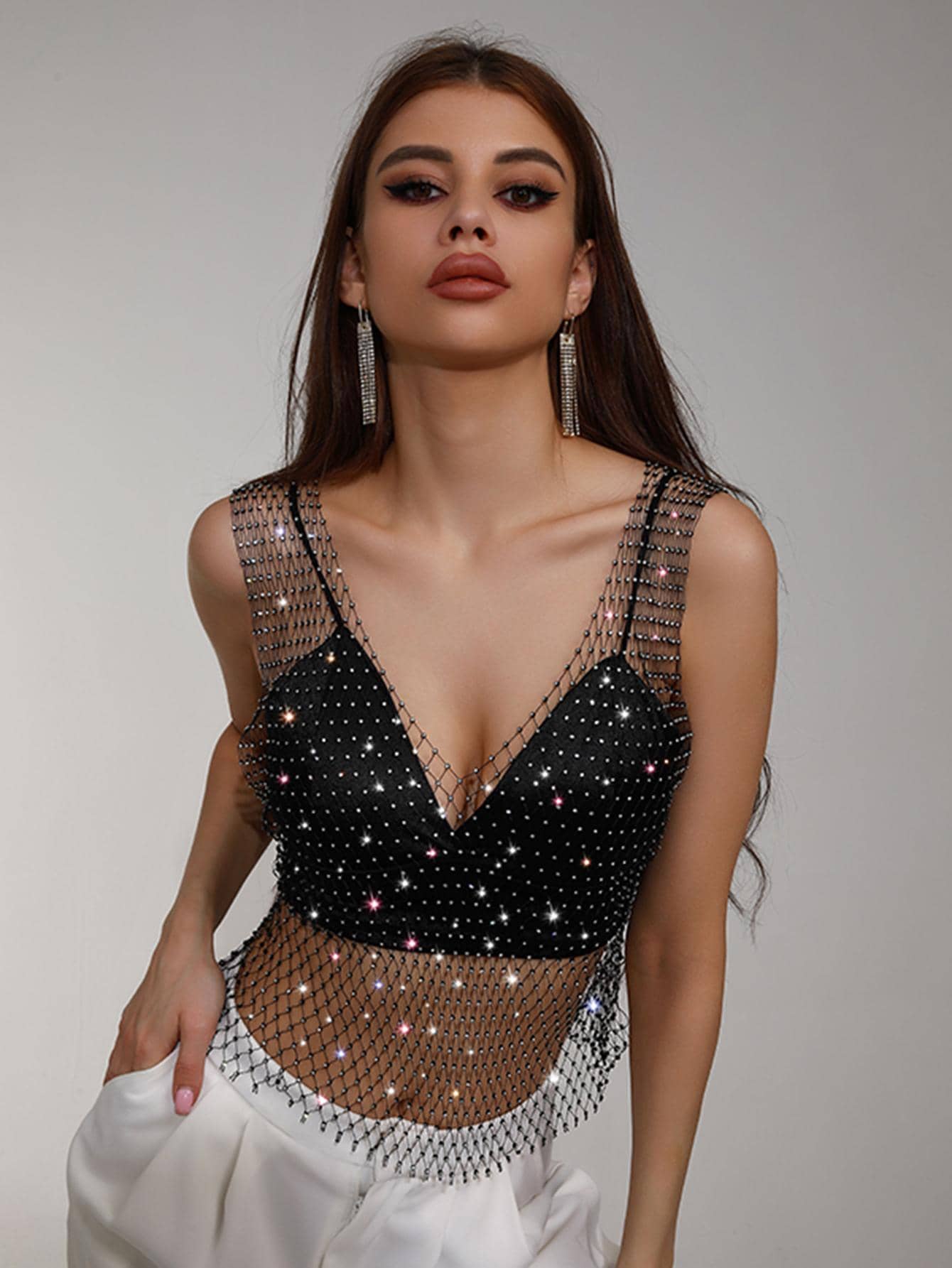 Rhinestone Detail Fishnet Tank Top Without Bra - Image 4