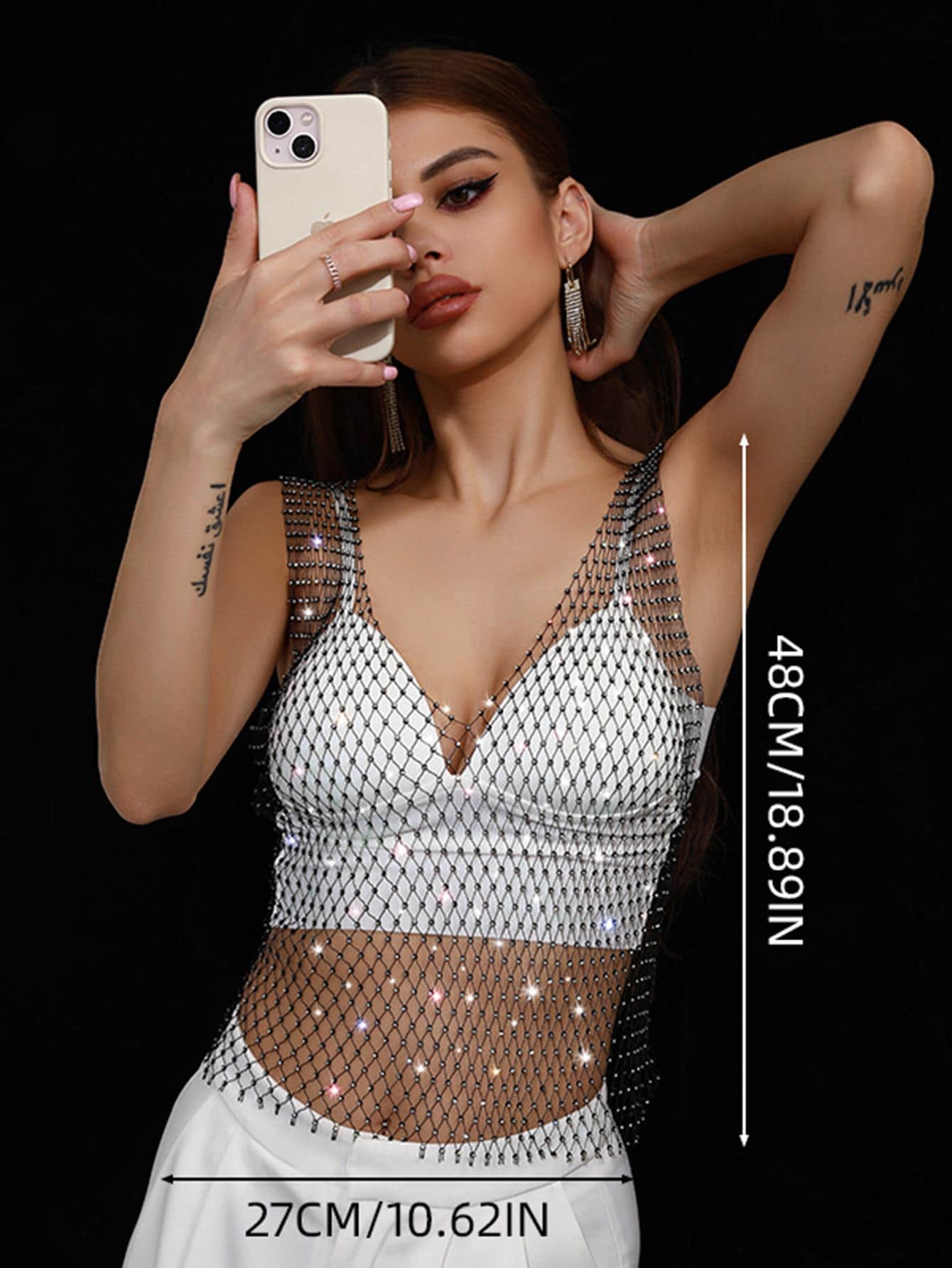Rhinestone Detail Fishnet Tank Top Without Bra - Image 5