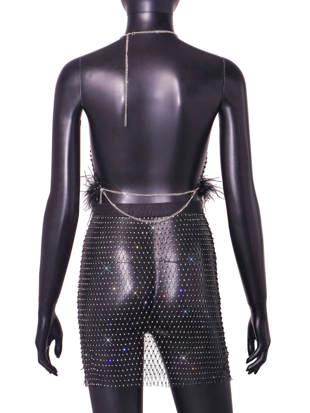 Rhinestone Net | Backless Halter Fishing Net Mini Dress Set Black - Image 10