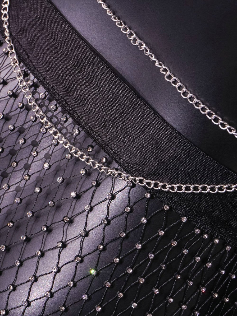 Rhinestone Net | Backless Halter Fishing Net Mini Dress Set Black - Image 12