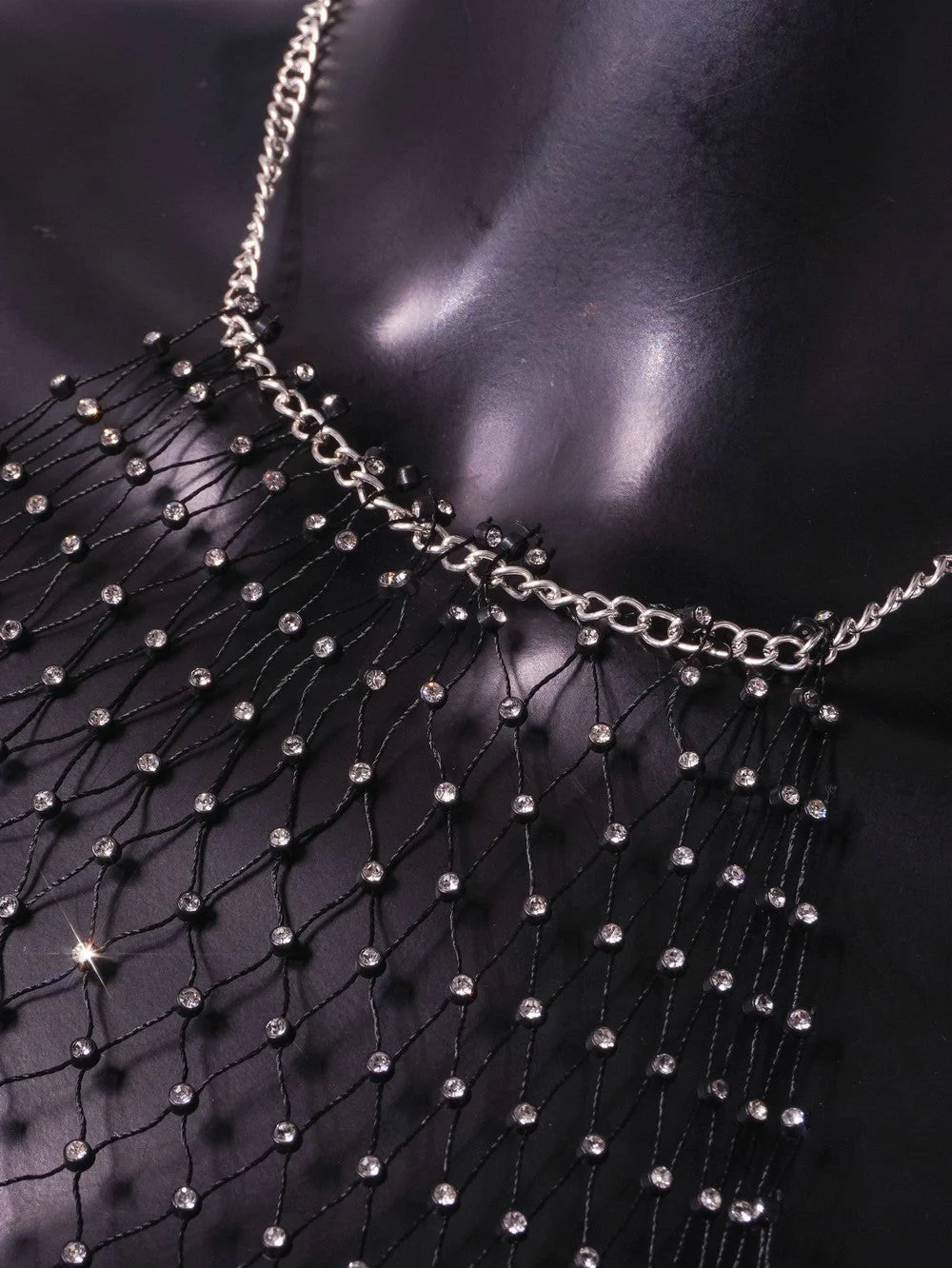 Rhinestone Net | Backless Halter Fishing Net Mini Dress Set Black - Image 14