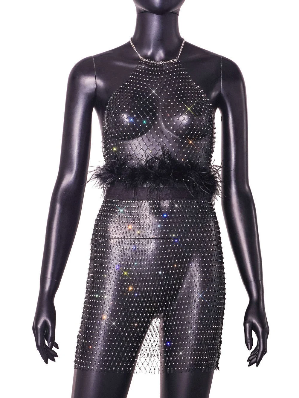 Rhinestone Net | Backless Halter Fishing Net Mini Dress Set Black - Image 8