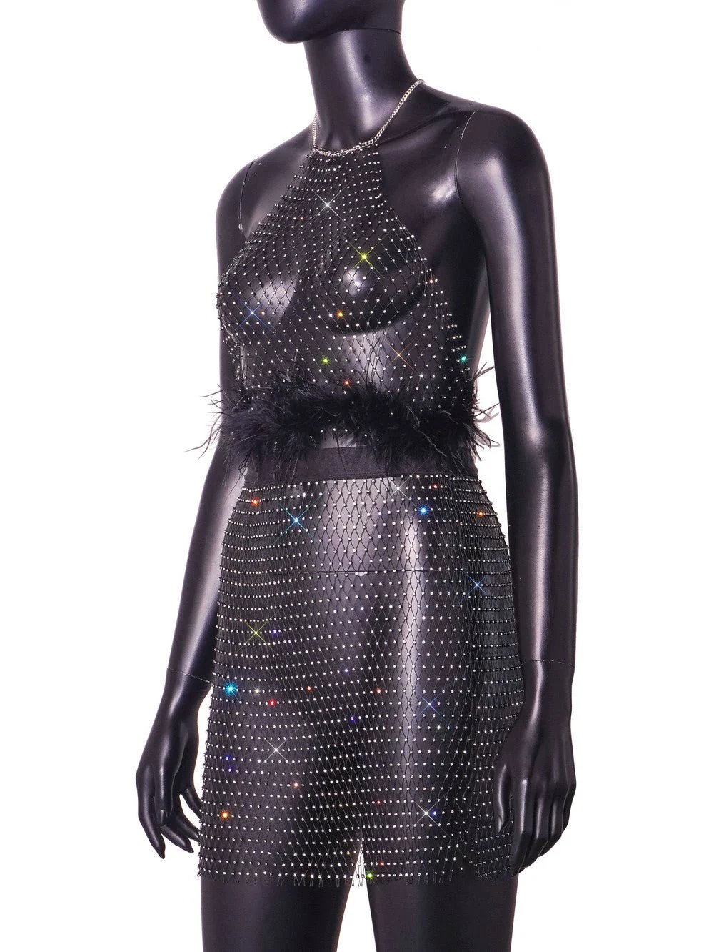 Rhinestone Net | Backless Halter Fishing Net Mini Dress Set Black - Image 9