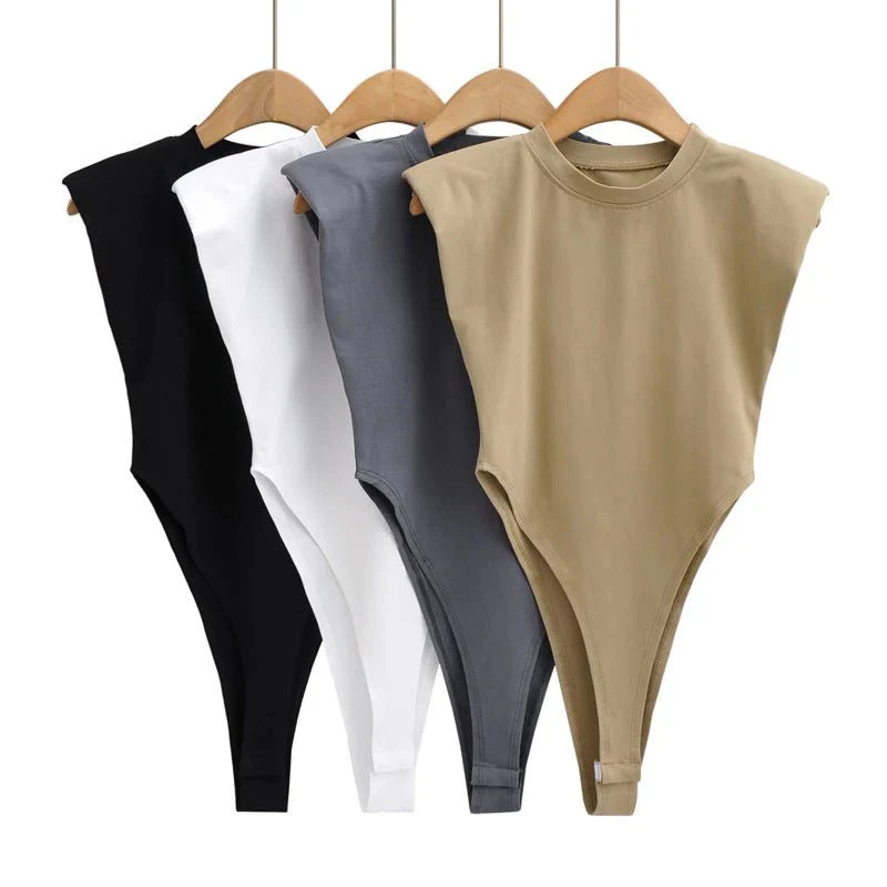 Right angle shoulder pad bodysuit summer new T-shirt solid color open crotch tight bodysuit - Image 10