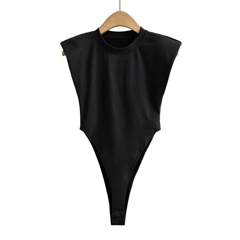 Right angle shoulder pad bodysuit summer new T-shirt solid color open crotch tight bodysuit - Image 5