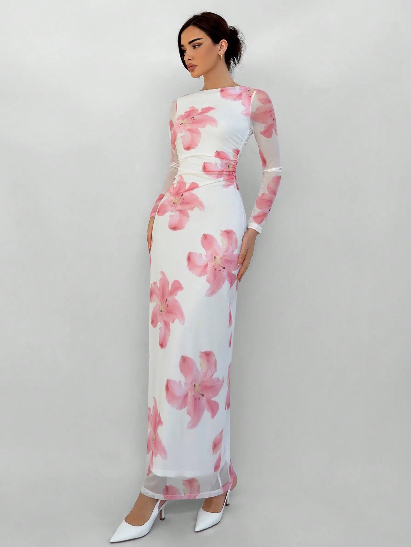 Romantic Date Night Floral Print Pleated Long Sleeve Dress For Women - Image 7
