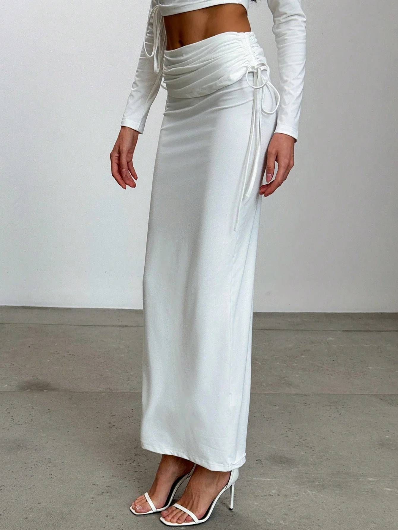Romantic Minimalist Asymmetric Long Sleeve Ruched Slim Fit Crop Top + Drawstring Waist Maxi Skirt - Image 5