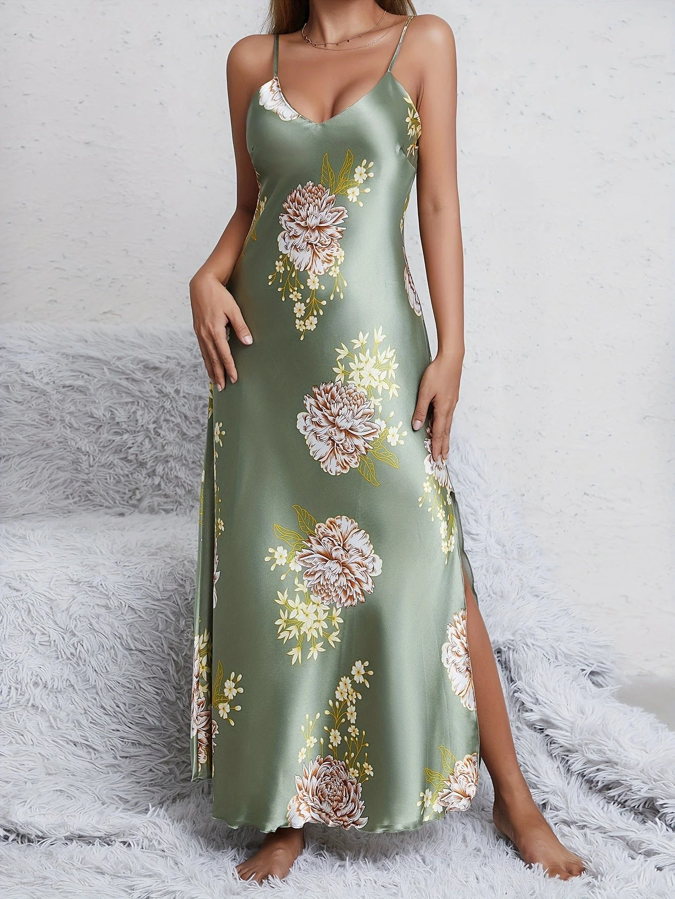 Satin Grace | Printed Sleeveless V-Neck Imitation Silk Long Dress - Image 10