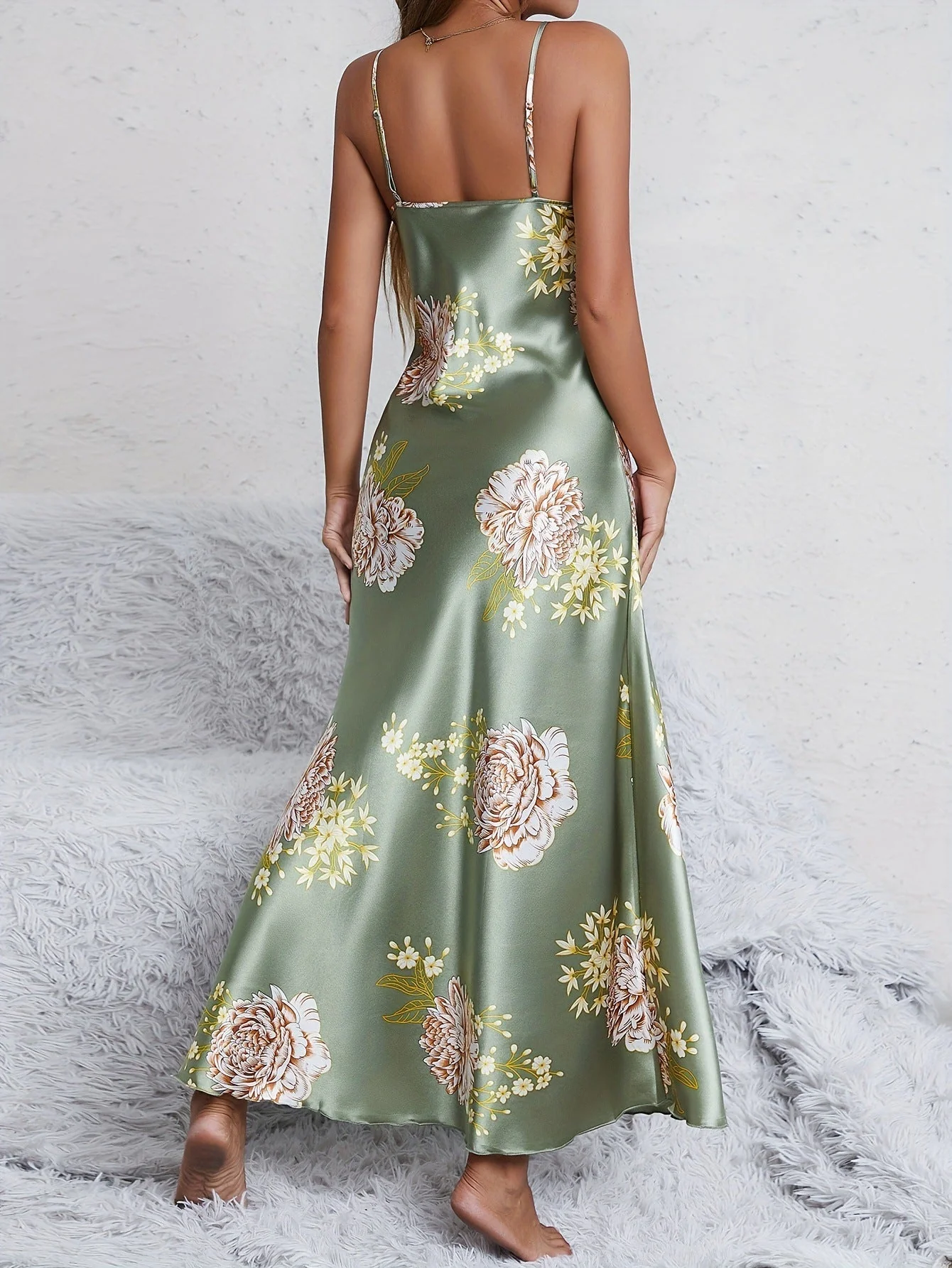 Satin Grace | Printed Sleeveless V-Neck Imitation Silk Long Dress - Image 11