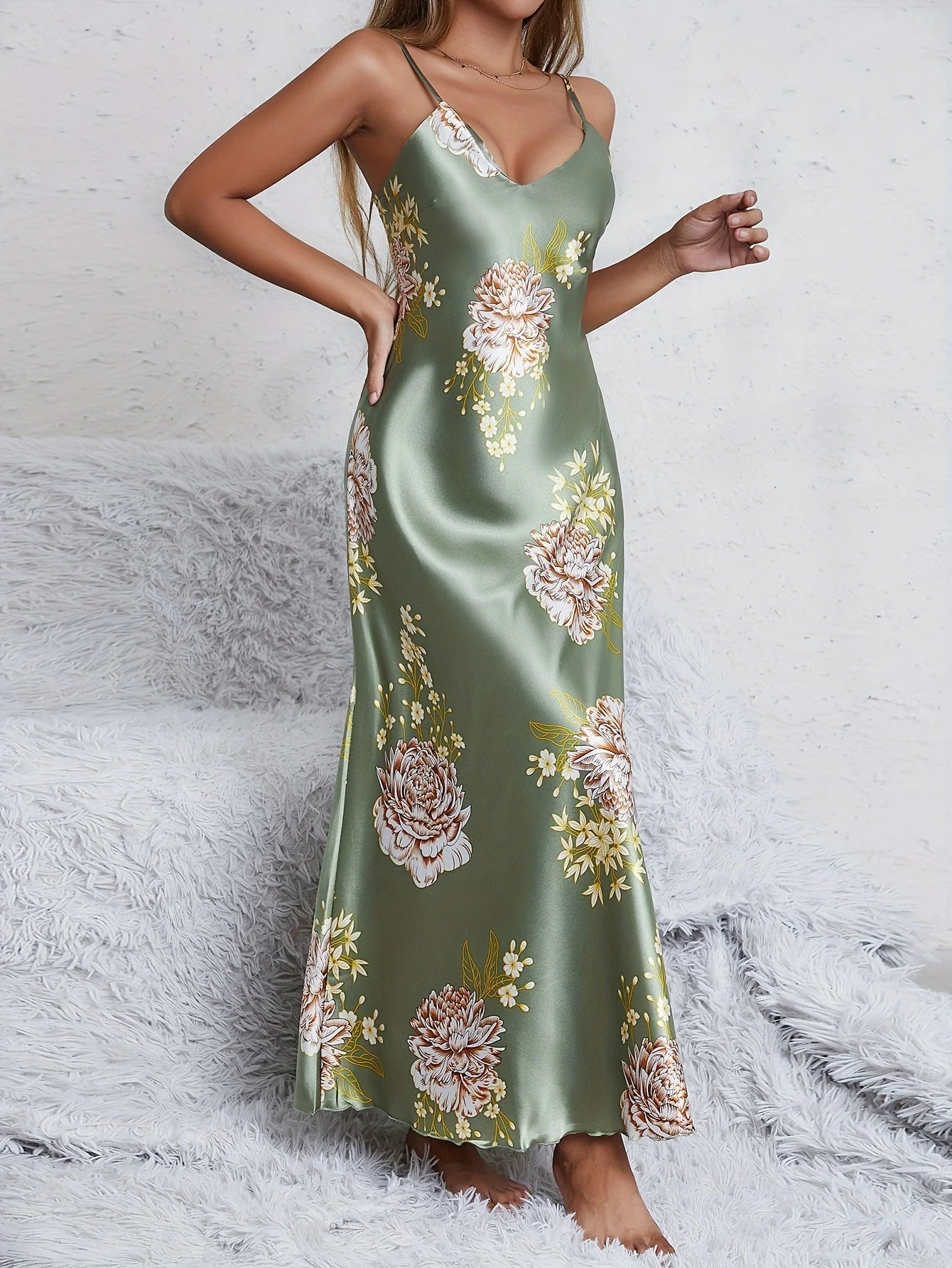 Satin Grace | Printed Sleeveless V-Neck Imitation Silk Long Dress - Image 12