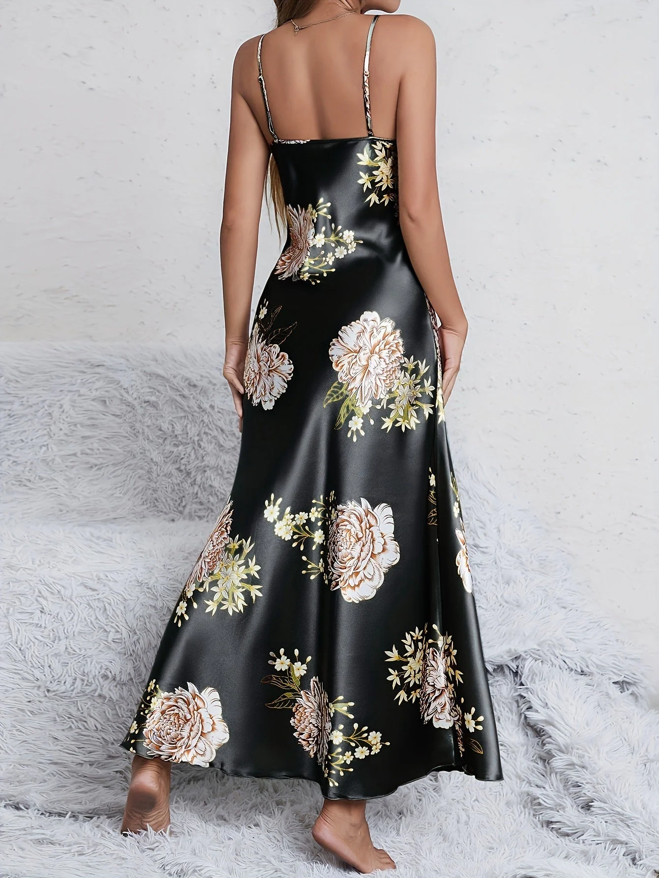 Satin Grace | Printed Sleeveless V-Neck Imitation Silk Long Dress - Image 14