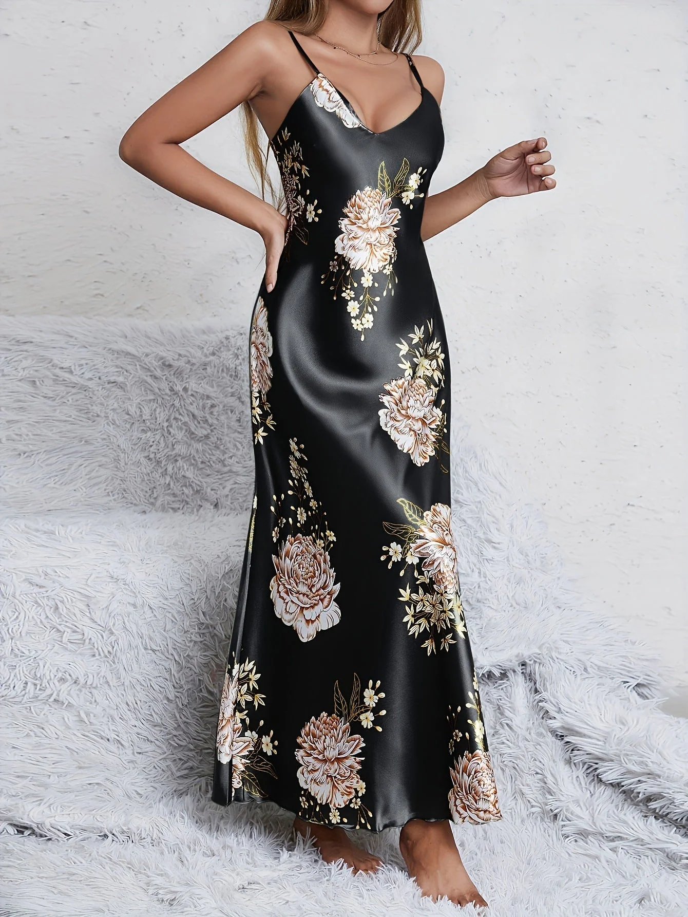 Satin Grace | Printed Sleeveless V-Neck Imitation Silk Long Dress - Image 15
