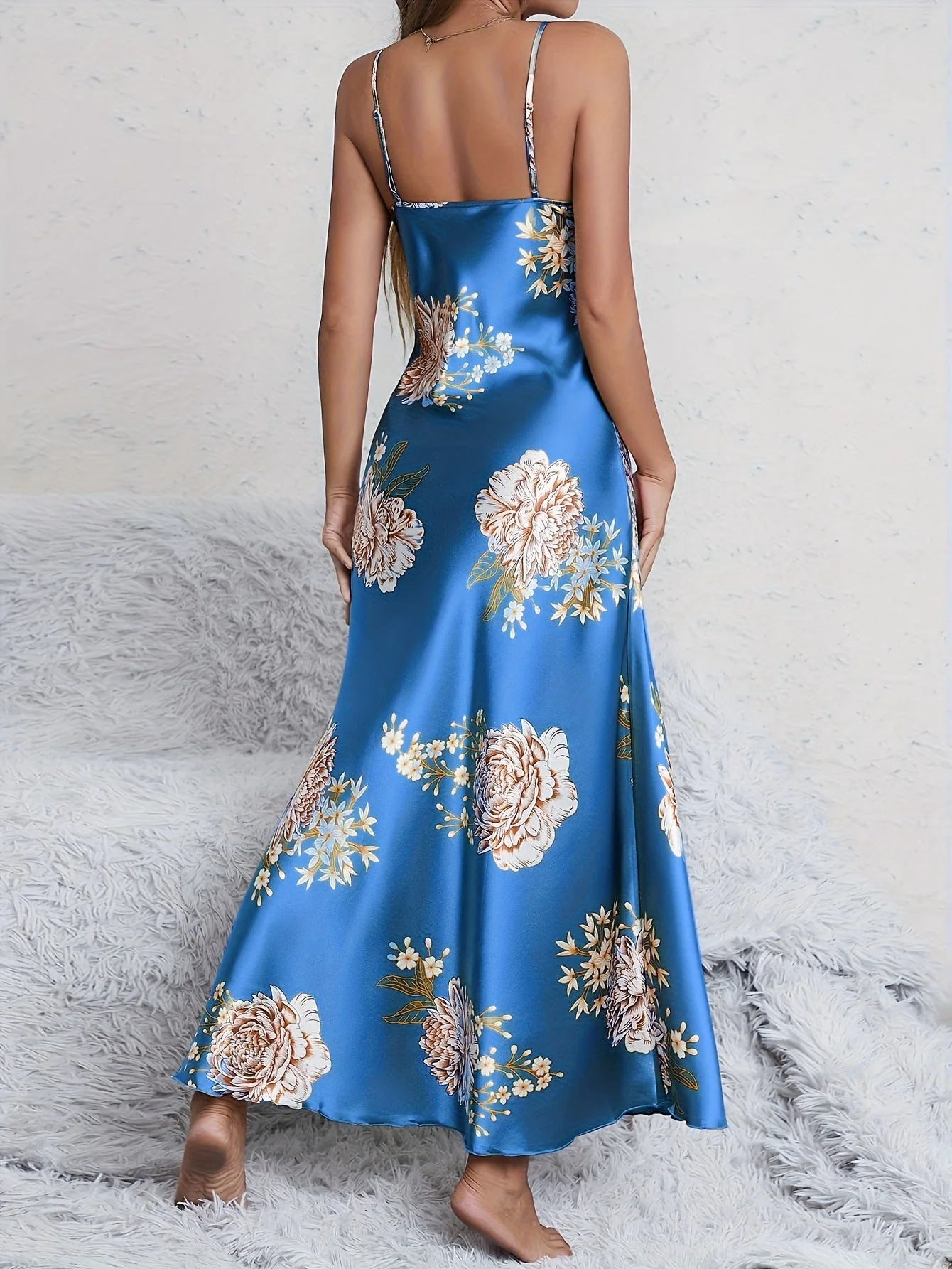Satin Grace | Printed Sleeveless V-Neck Imitation Silk Long Dress - Image 20