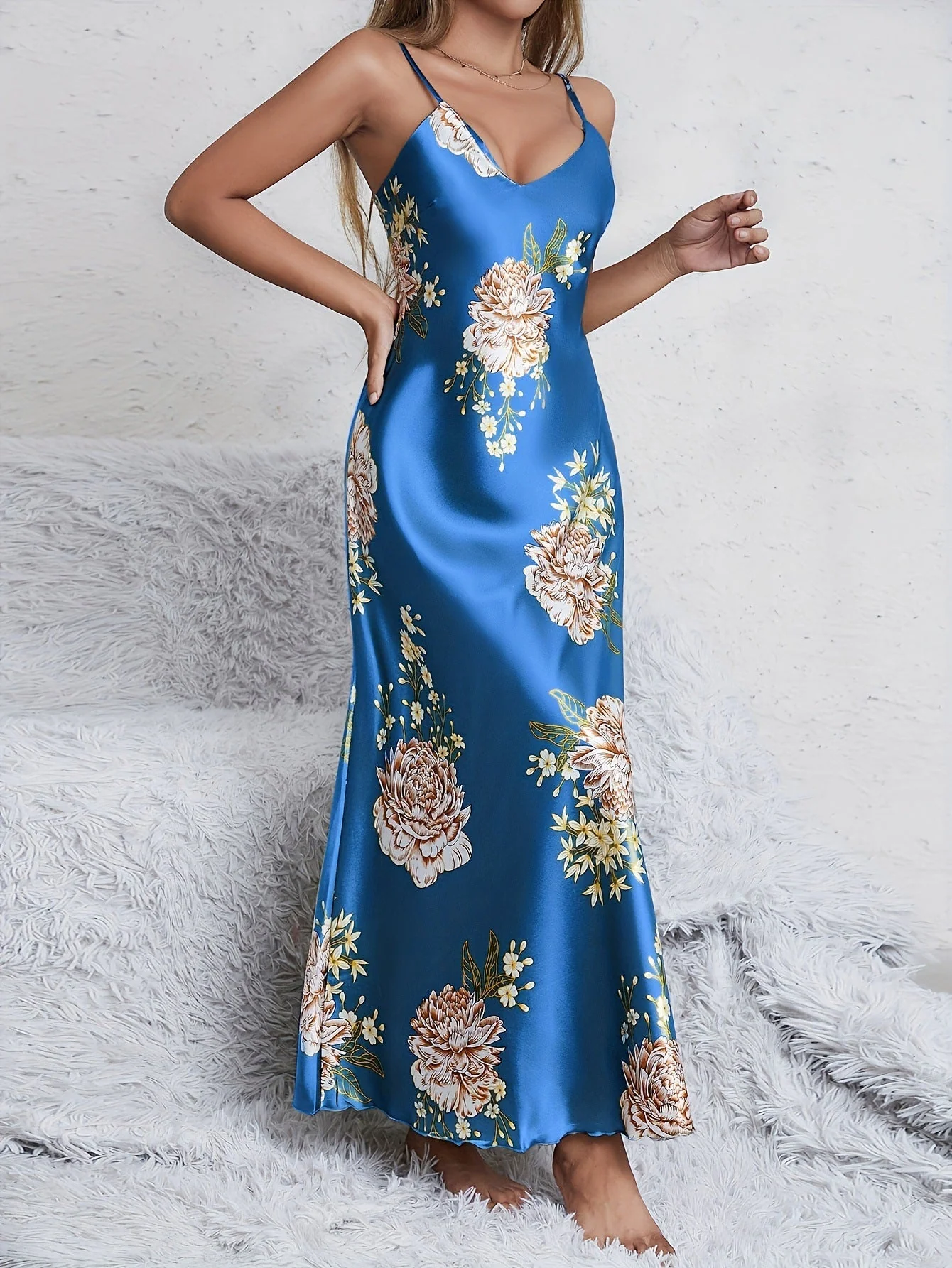 Satin Grace | Printed Sleeveless V-Neck Imitation Silk Long Dress - Image 22