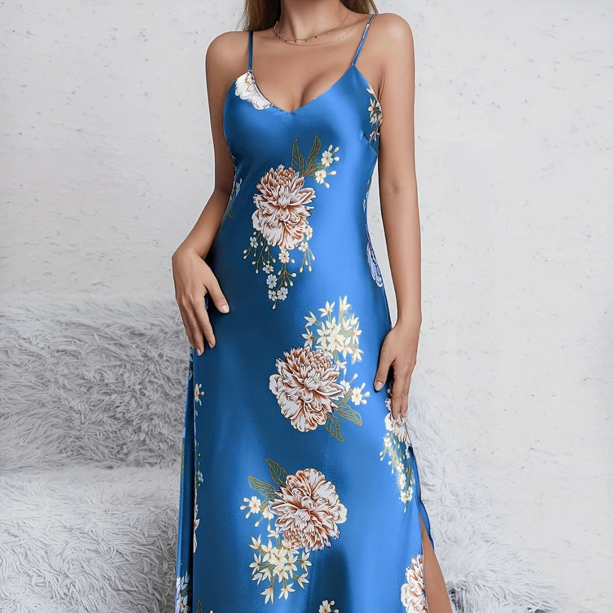 Satin Grace | Printed Sleeveless V-Neck Imitation Silk Long Dress - Image 6