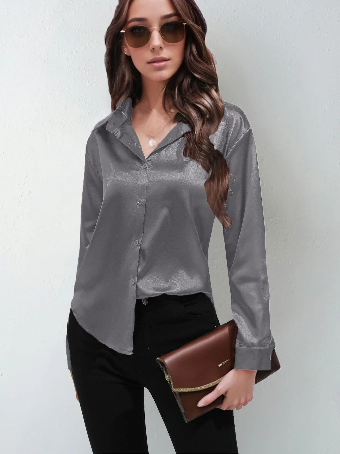 Satin shirt women's imitation silk long sleeve solid color tops elegant button front lapel shirt - Image 18