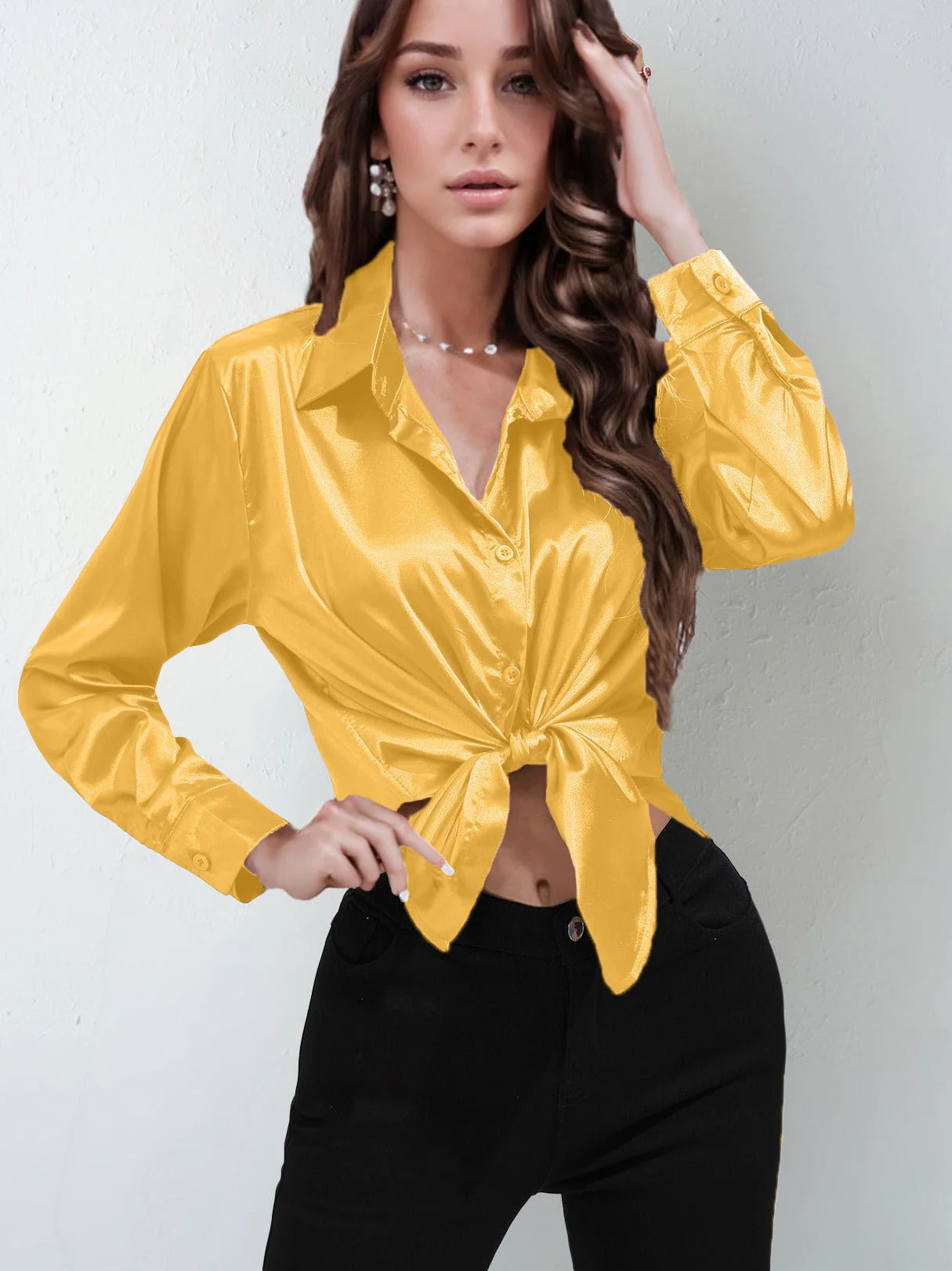 Satin shirt women's imitation silk long sleeve solid color tops elegant button front lapel shirt - Image 2