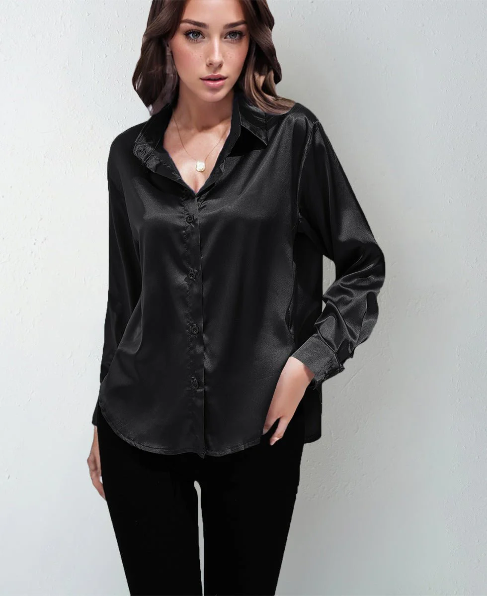 Satin shirt women's imitation silk long sleeve solid color tops elegant button front lapel shirt - Image 20